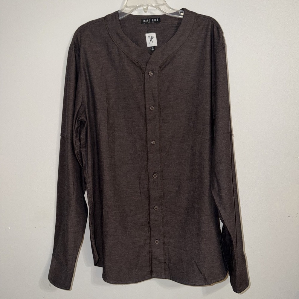 Marc Ecko Cut & Sew Mens Brown Button‎ Down Shirt Large Long Sleeve Collarless